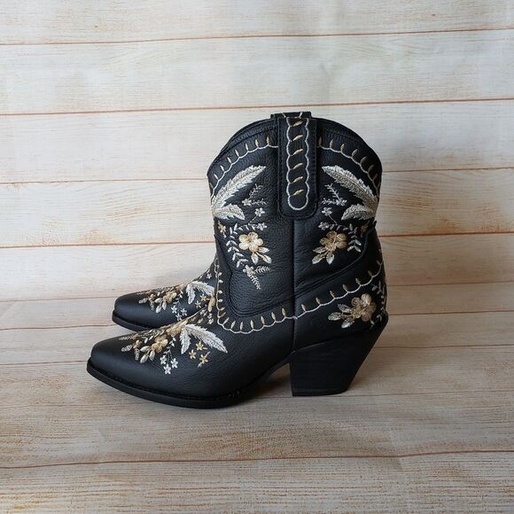 Dingo Primrose Western Cowboy Ankle Boots Booties Embroidered Leather Black 8.5M - Picture 1 of 16